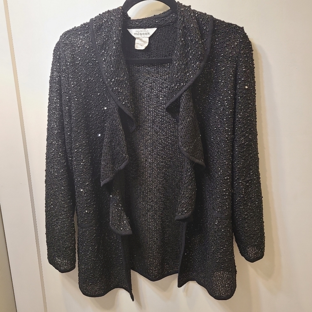 Exclusively MISOOK Open-Front Cardigan XS Black Sequin Shimmer Chunky Knit Sweat